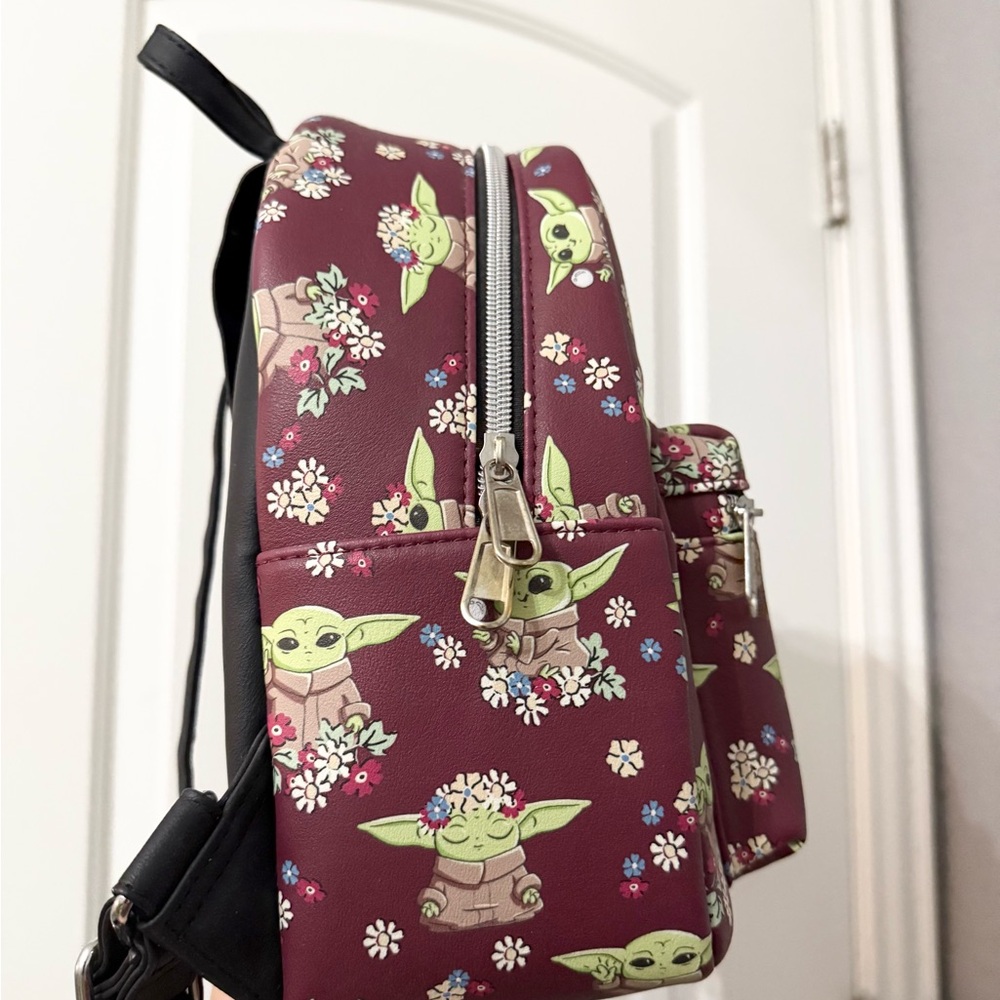 Loungefly Burgundy Grogu Floral Mini Backpack - Picture 3 of 5